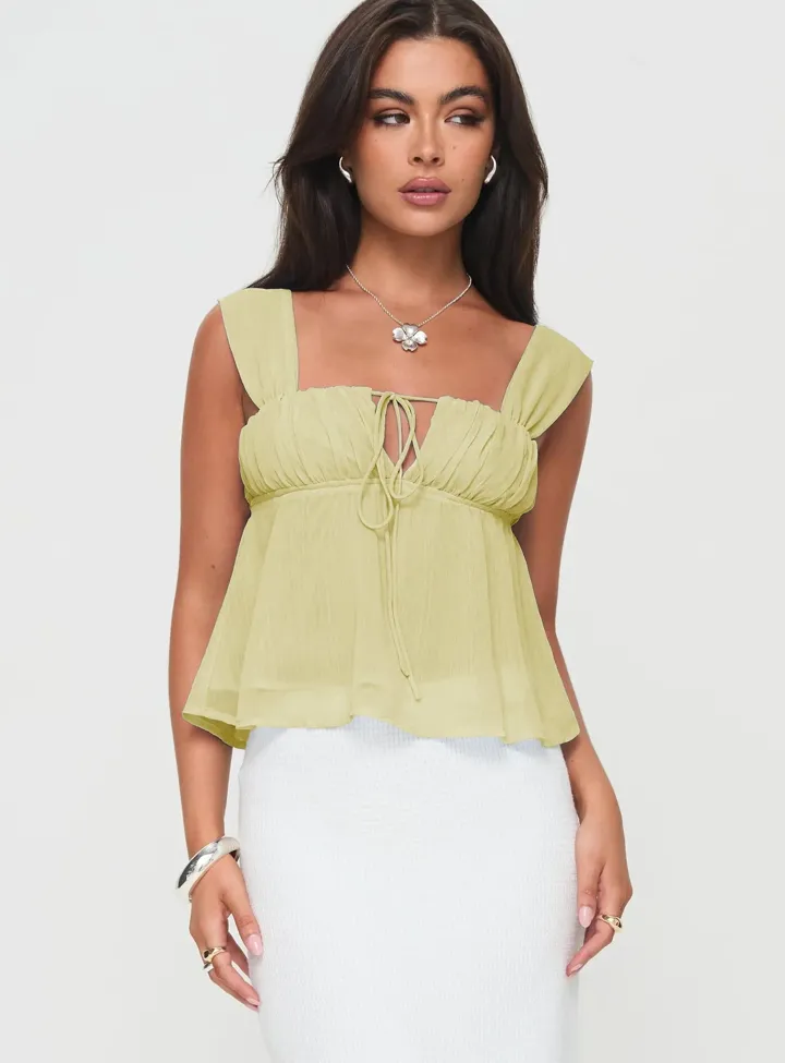 Yellow Solid Tie Up Detail Peplum Top - Image 1