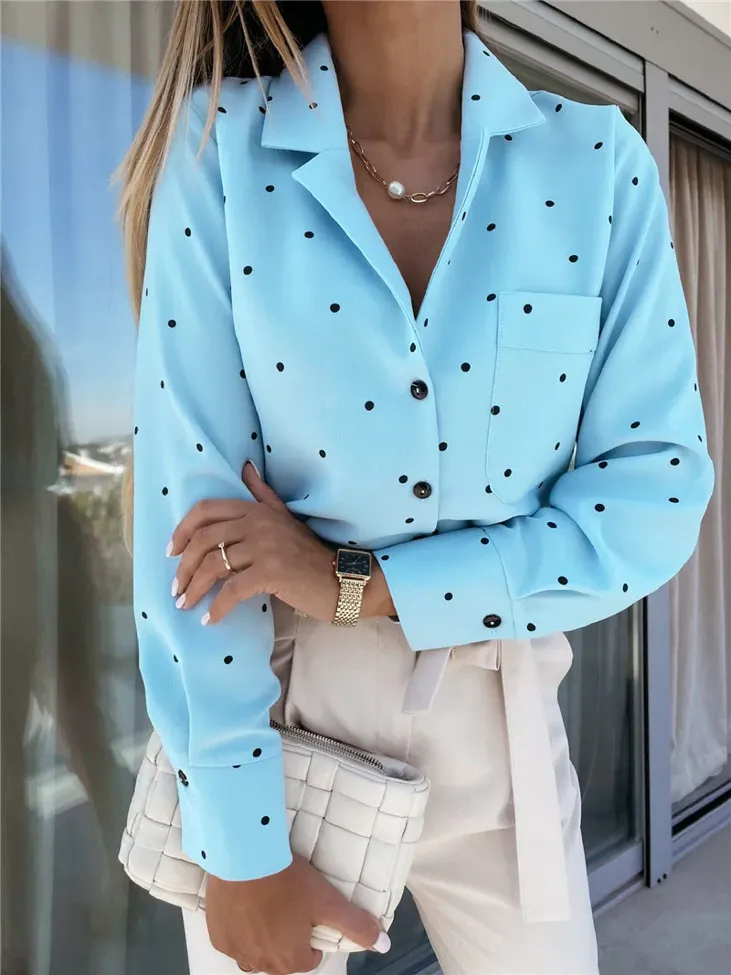 Blue Polka Dots Notch Neck Shirt - Image 1