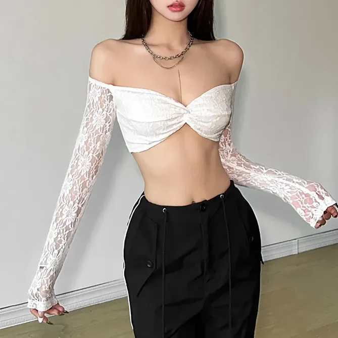 White Off Shoulder Lace Crop Top - NEWME