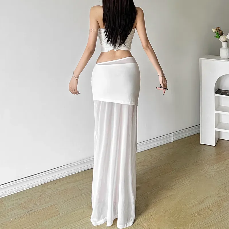 White Solid Semi Sheer Mesh Skirt - NEWME