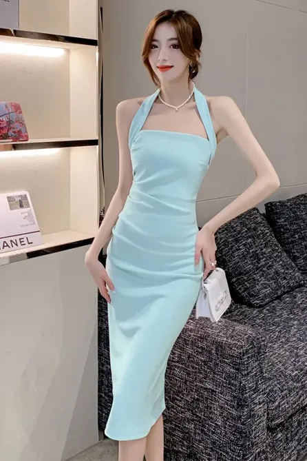 Light Blue Halter Neck Bodycon Dress - NEWME