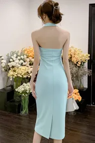 Light Blue Halter Neck Bodycon Dress - NEWME