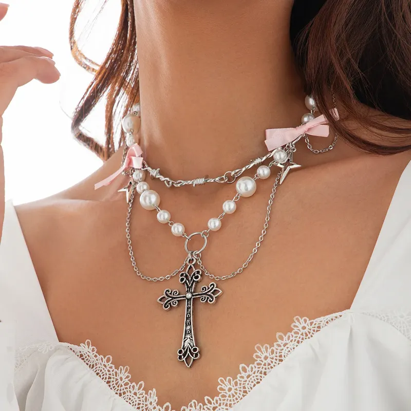 ■ENGBROX■ silver925 lacy ribbon pearl layered necklace EBN silver925][태연 착용] lacy ribbon pearl layered necklace