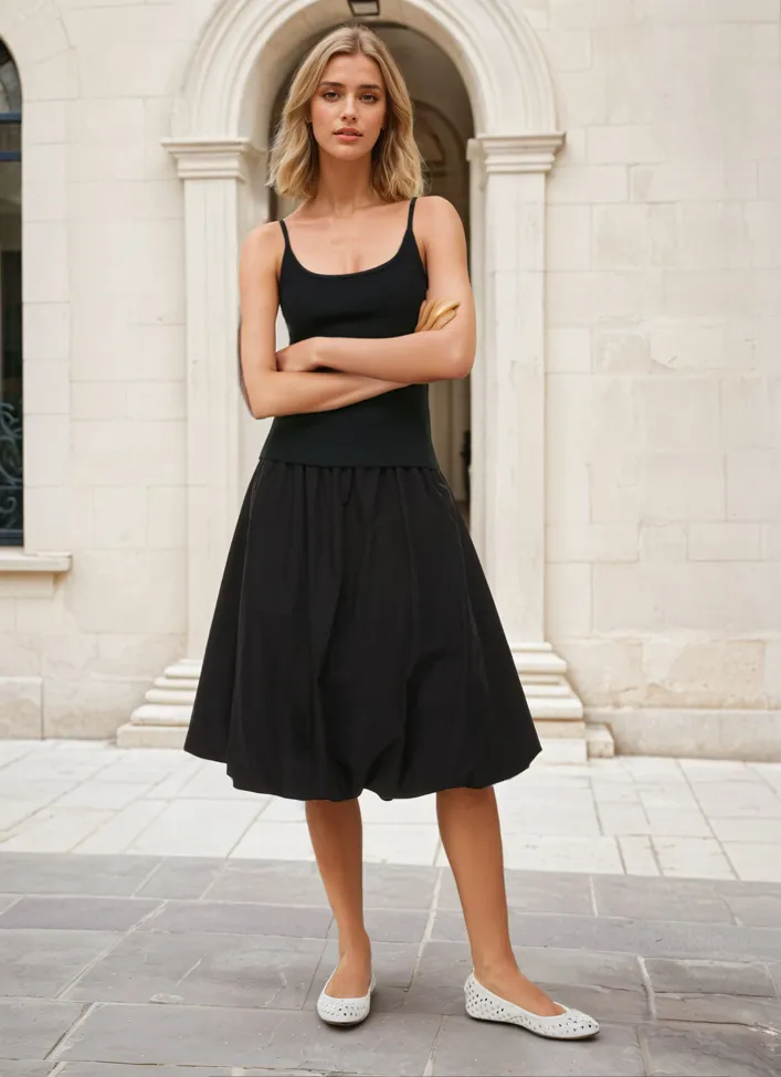 Black Balloon Hem A-Line Skirt - NEWME