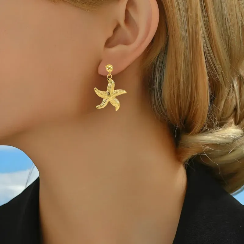 Imitation Gold-Plated Starfish Drop Earrings With Tropical