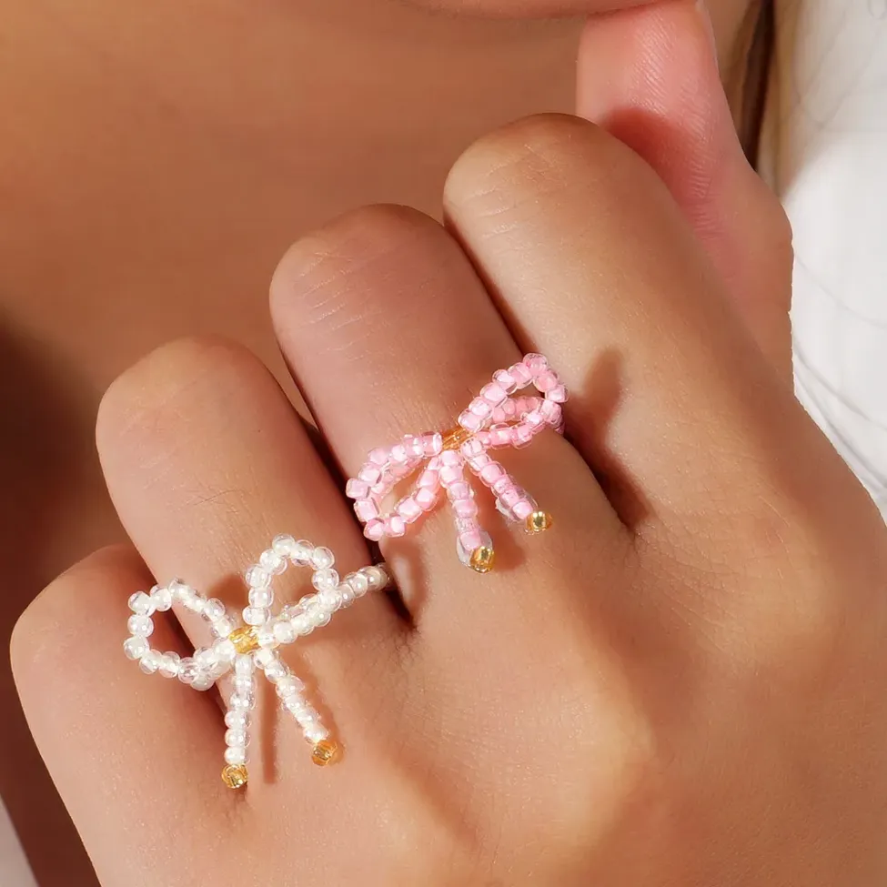 Imitation Charming Pink Bow Beaded Ring NEWME