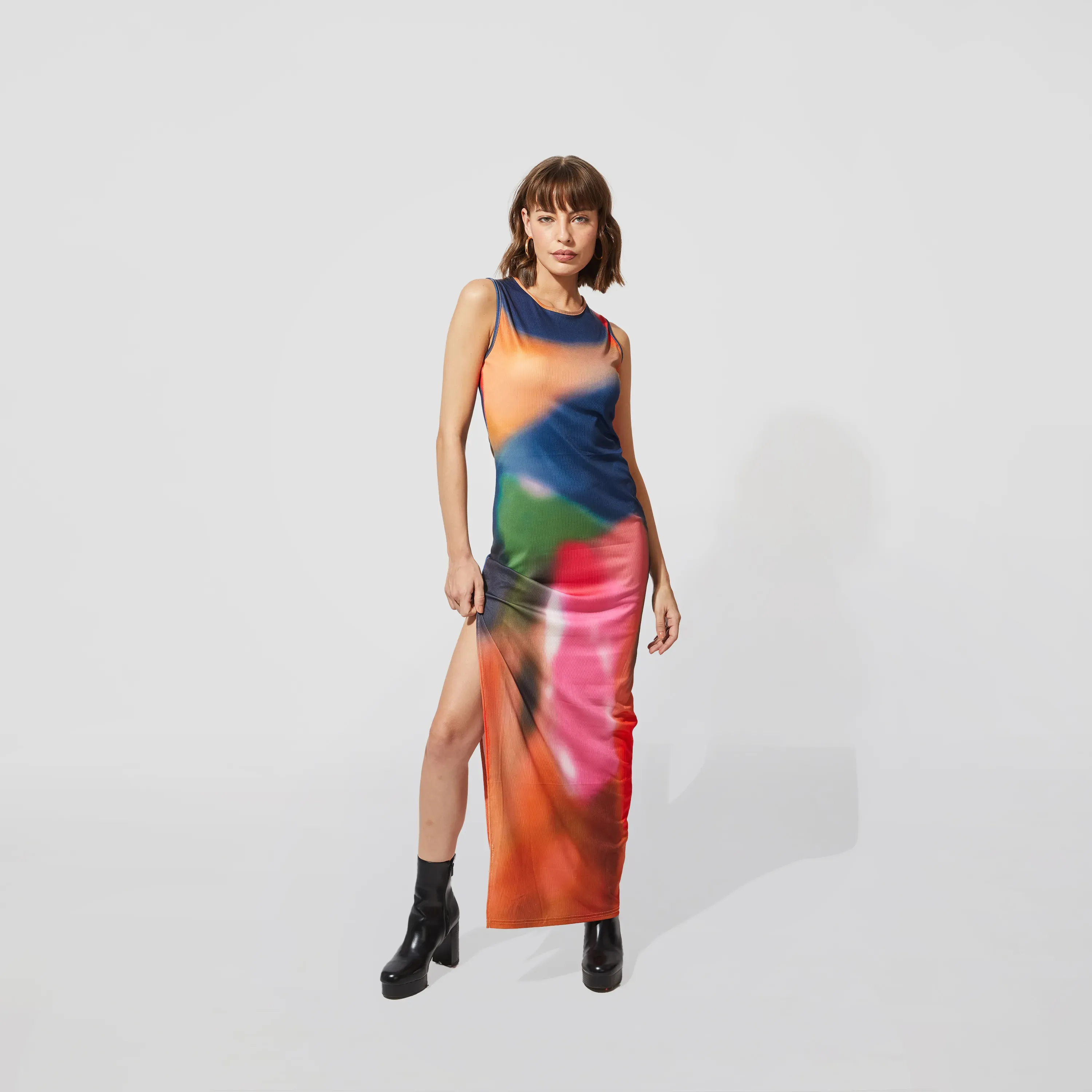mesh sheer bodycon dress Kendall Mini Dress - Boat Drape Neck Jersey Dress in Brown main image 1
