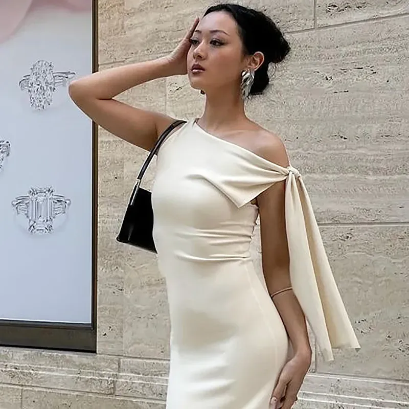 Cream Asymmetric Neck Bodycon Dress