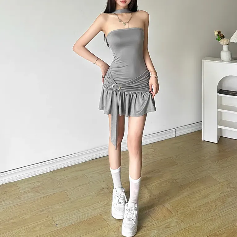 Grey Draped Detail Choker Neck A-Line Dress - Image 1