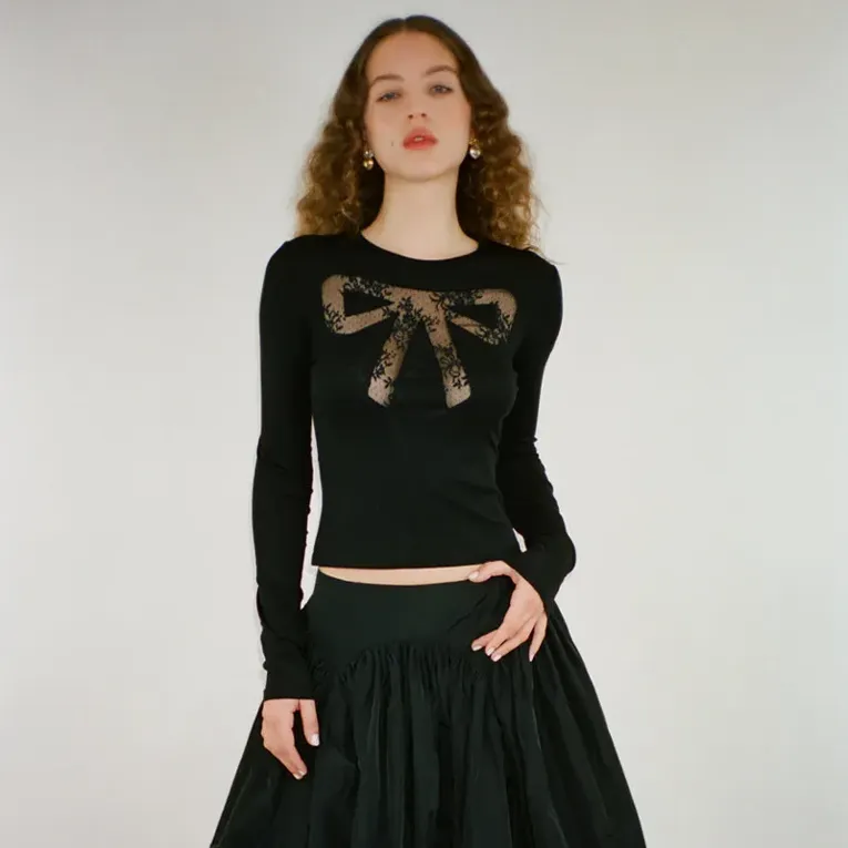 Black Solid Lace Detail Crop Top - Image 1