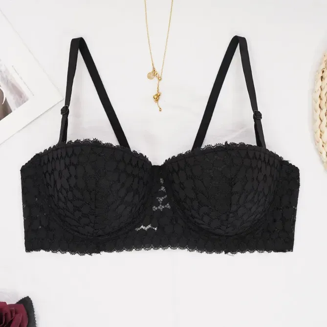Black Lace Half-Coverage Demi Cup back closure Bra - NEWME