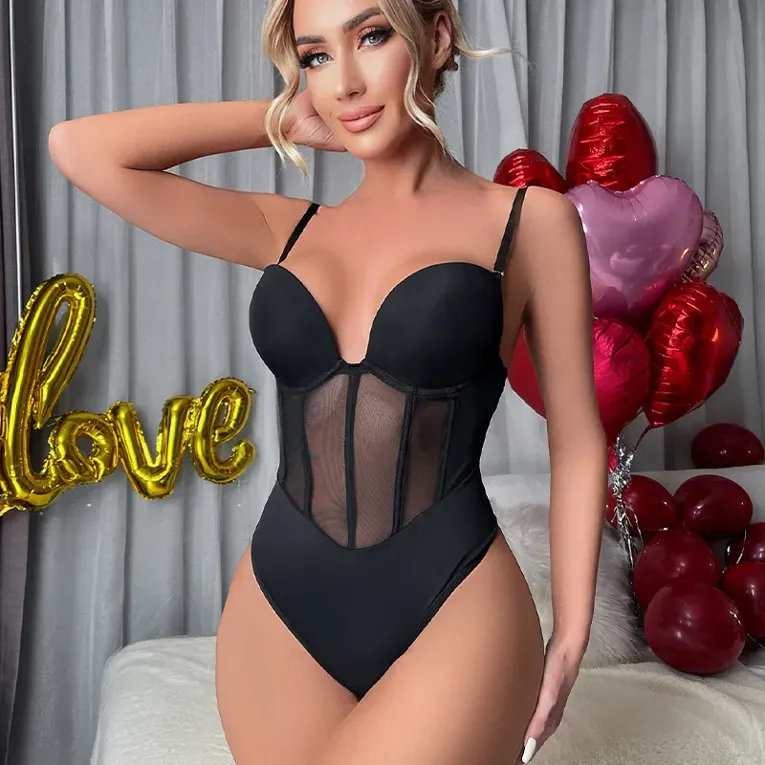 Black Solid Spaghetti Straps Bodysuit - Image 1