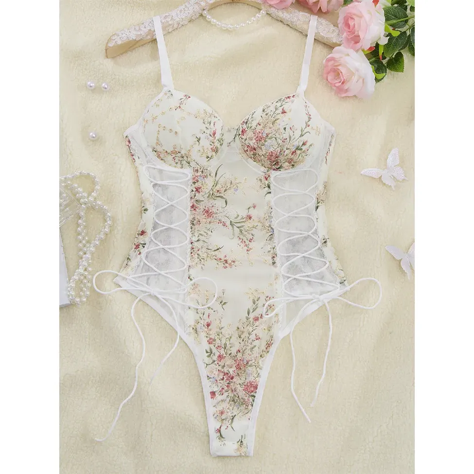 White Floral Mesh Bodysuit - NEWME