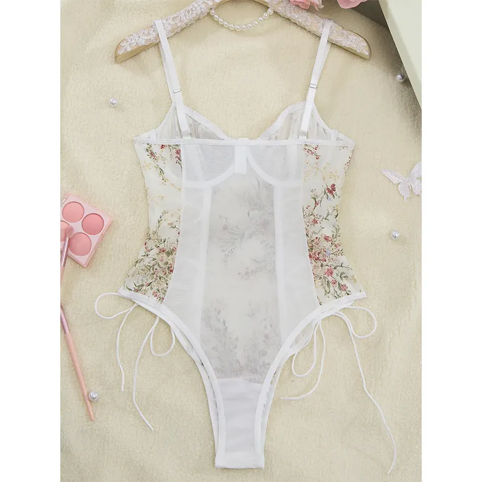 【SHUSHU TONG x HAUS NOWHERE】Ribbon Bodysuit - White Floral White Floral Mesh Bodysuit - NEWME