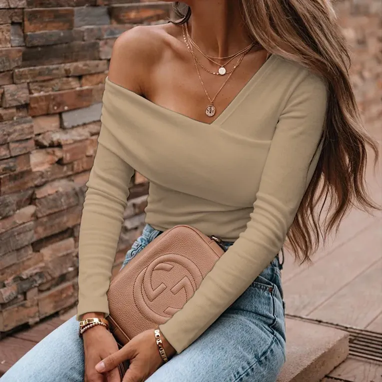Khaki Solid Asymmetric Neck Top - Image 1