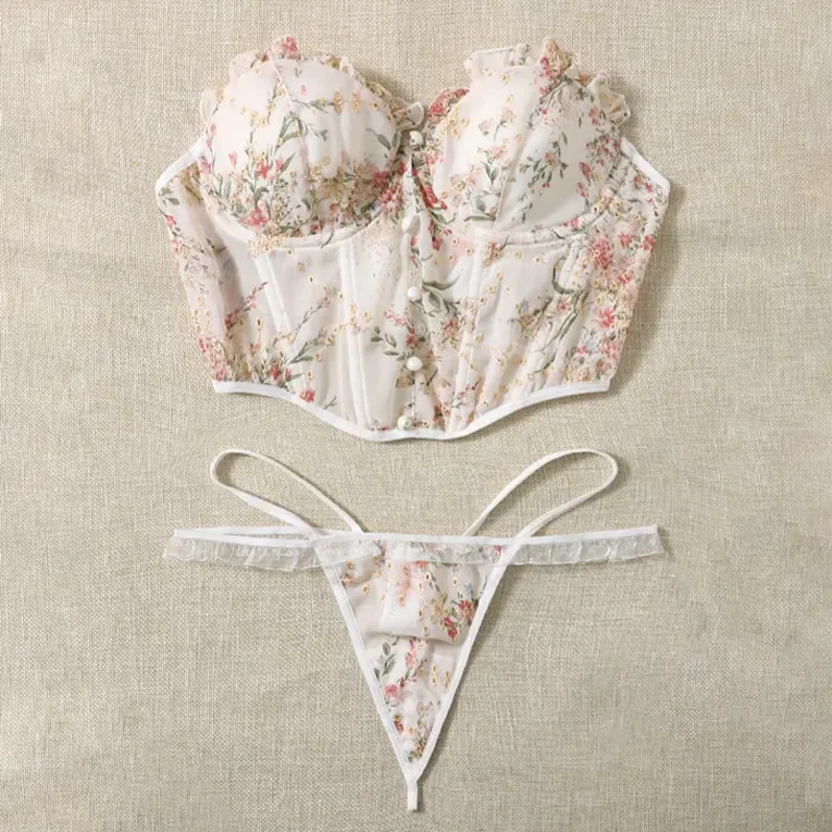 Off-White Floral Half Coverage Matching Set - Image 1