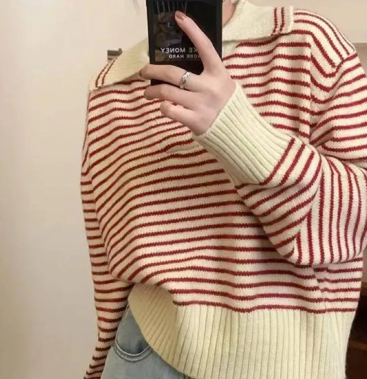 Cream Striped Spread Neck Sweater - Image 1
