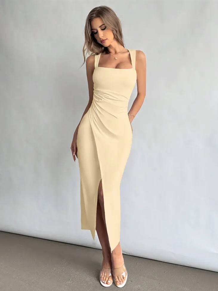 Beige Draped Square Neck Dress - Image 1