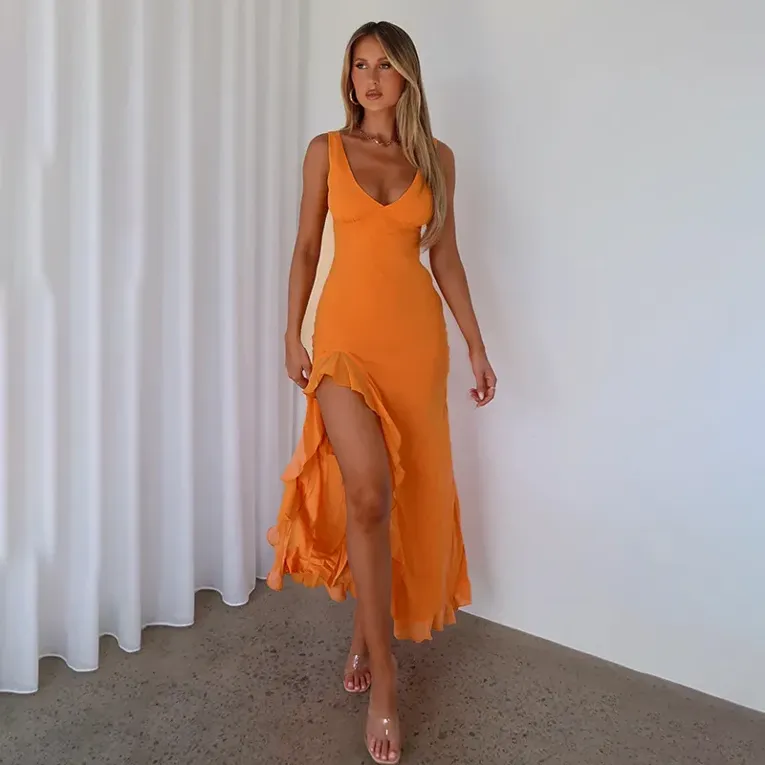 Orange Ruffled V-Neck Dress - Image 1