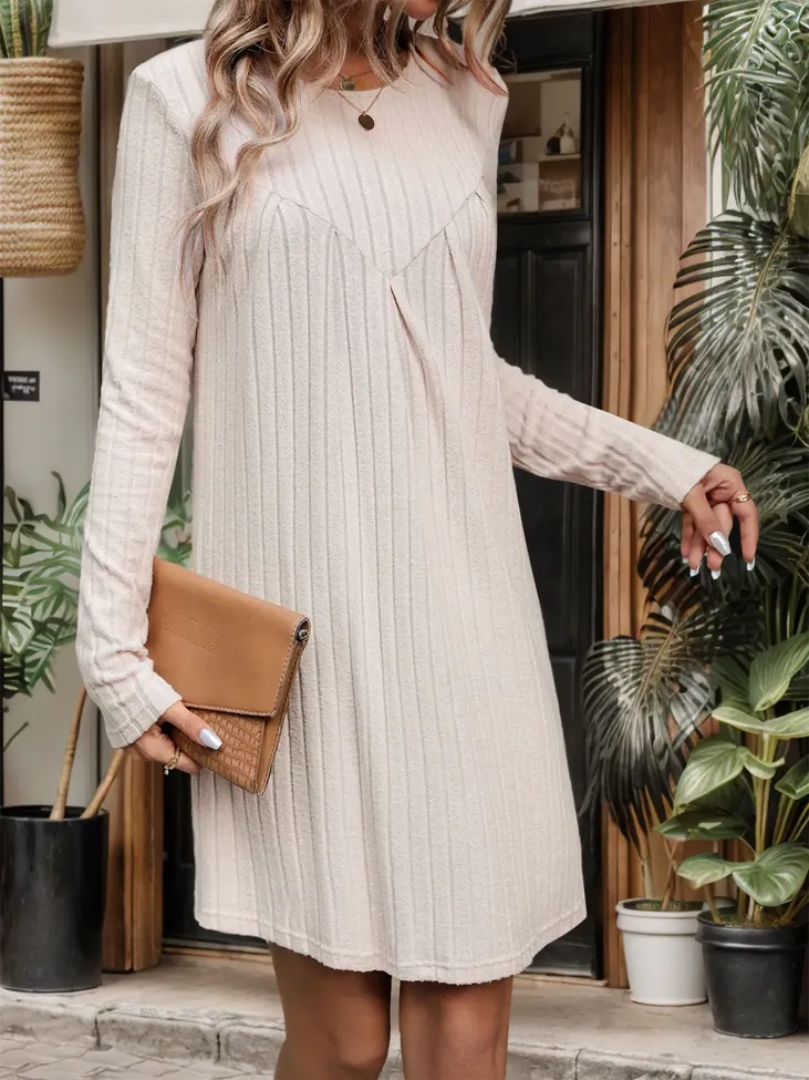Off White Ribbed A-Line Dress - Image 1