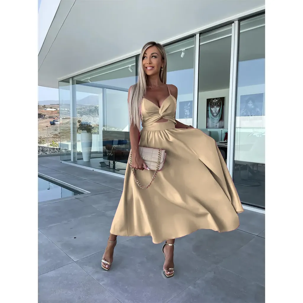 Beige Solid Flared Midi Dress - NEWME