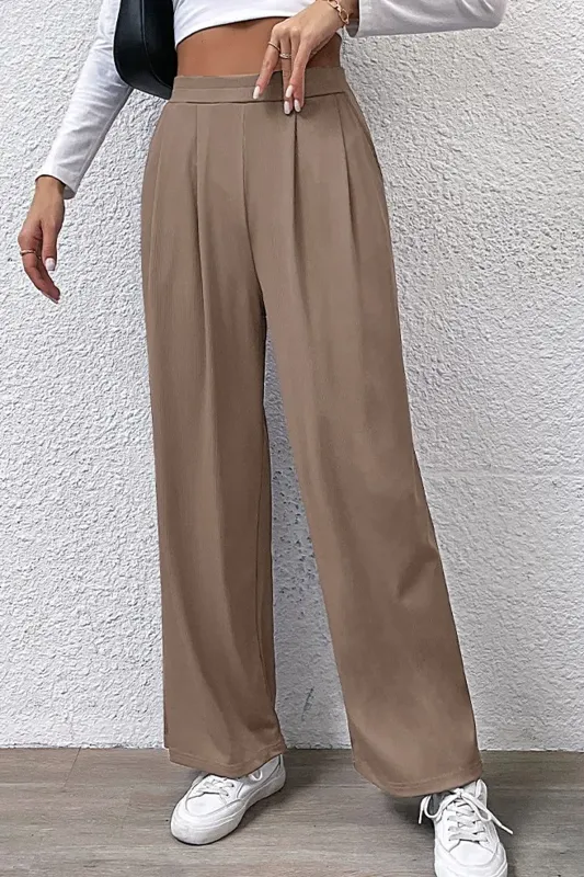 Khaki Solid Wide Leg Trousers - NEWME