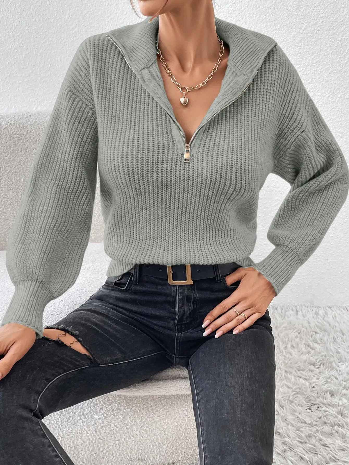 Khaki Textured High Neck Sweater Top - NEWME