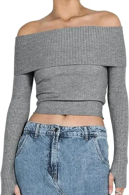 未使用タグ付‼️ Ponte Off-Shoulder Top mnavy M Grey Ribbed Off Shoulder Top - NEWME