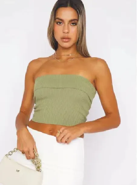 Light Olive Solid Ribbed Tube Top - Image 1