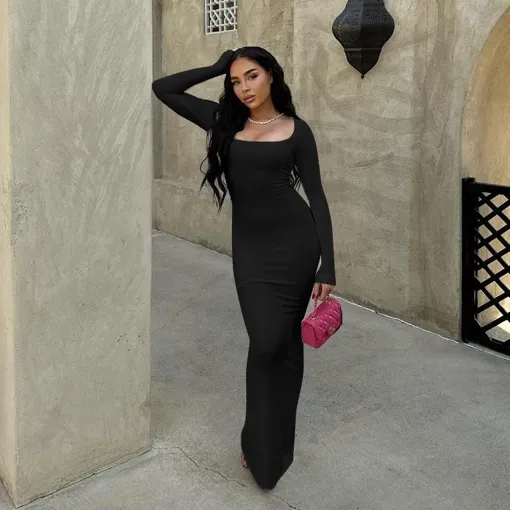Black Solid Square Neck Bodycon Maxi Dress - NEWME