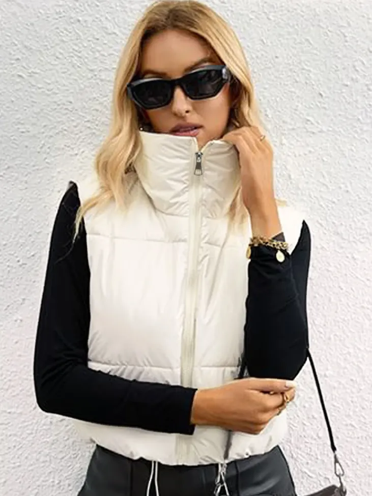 Off White Solid Cropped Puffer Jacket - Image 1