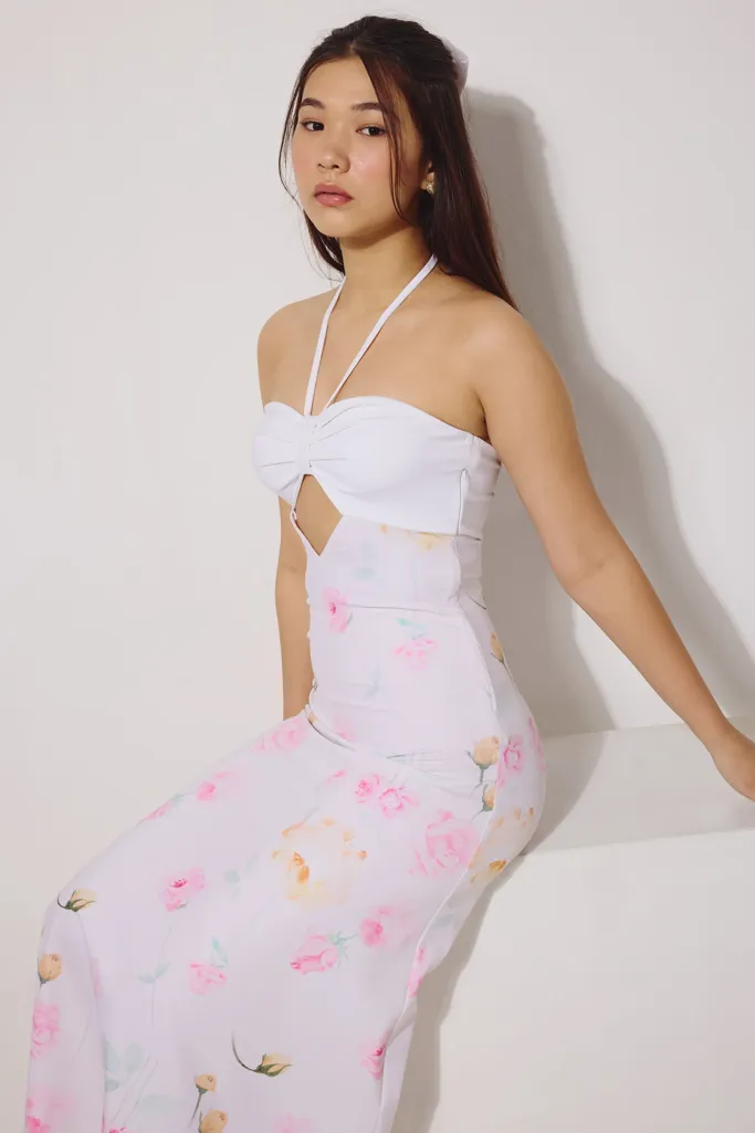 White Halter Neck Front Keyhole Floral Print Dress - Image 1