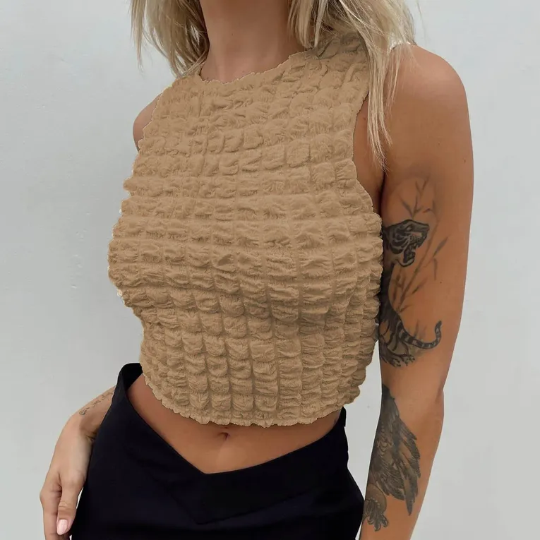 Khaki Popcorn Texture Crop Top - Image 1