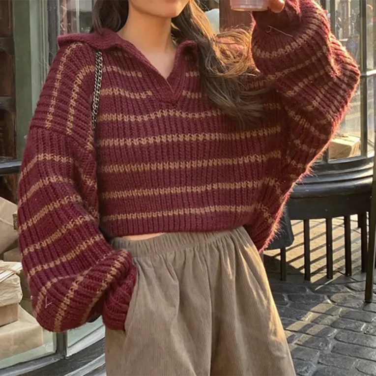 Maroon Striped Relaxed Cropped Sweater - Image 1