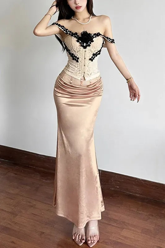 Khaki Satin Maxi Skirt - Image 1