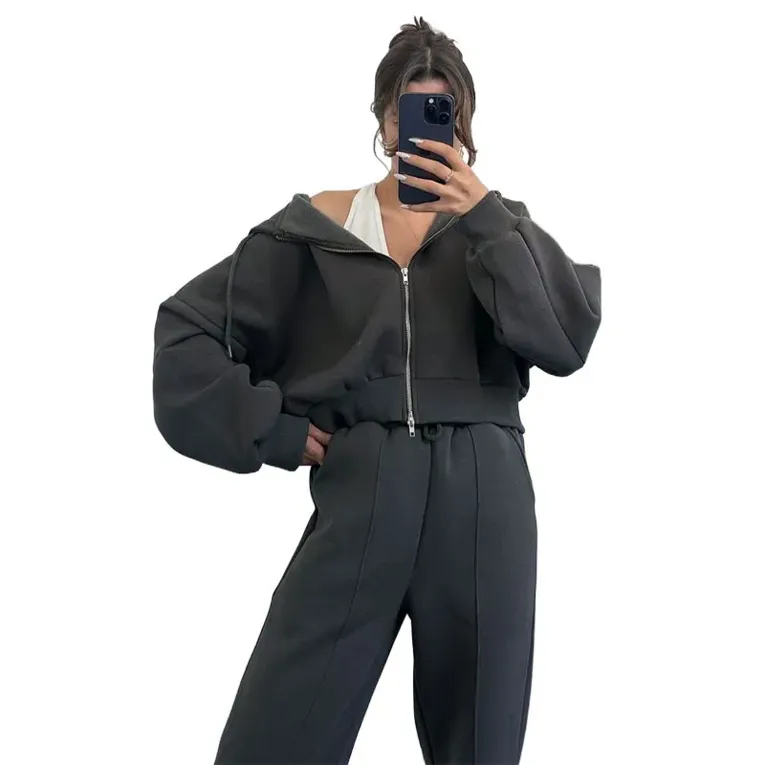 Grey Solid Hooded Zip Up Co-Ord Set - Image 1