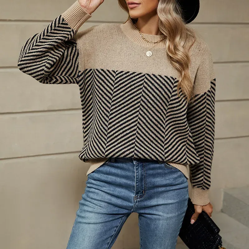 Khaki Geometric Pattern Ribbed Trim High Neck Sweater main image 0