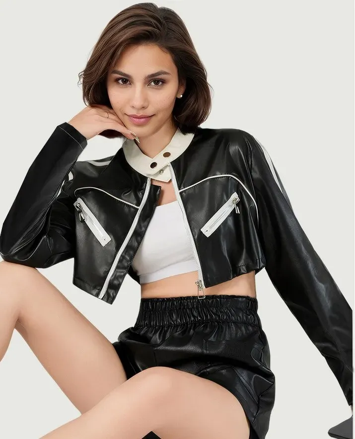 Black Color Blocked Pu Leather Biker Jacket - Image 1