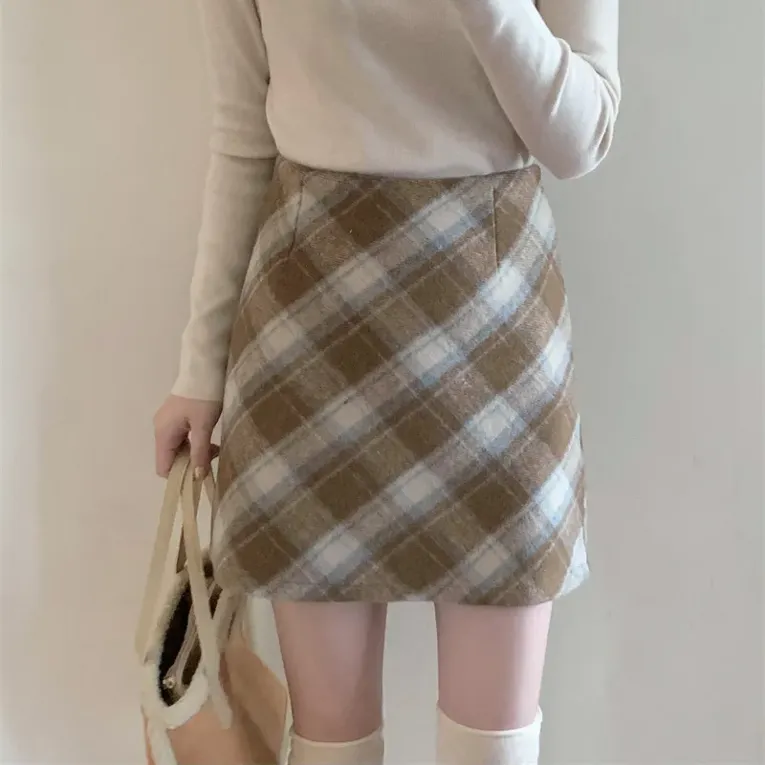 Khaki Checkered Winter Skirt - Image 1