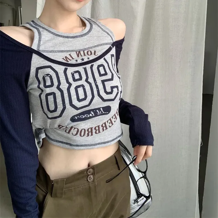 Blue Color Blocked Typographic Top - Image 1