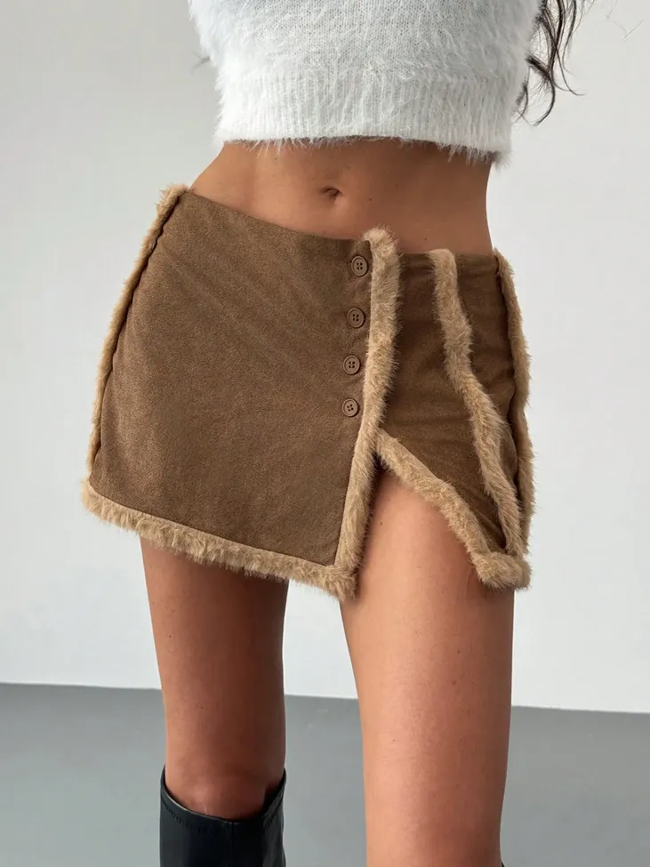 Brown Fur Detail Micro Mini Skirt - Image 1