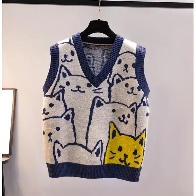 Blue Graphic Cat Print Sweater - Image 1