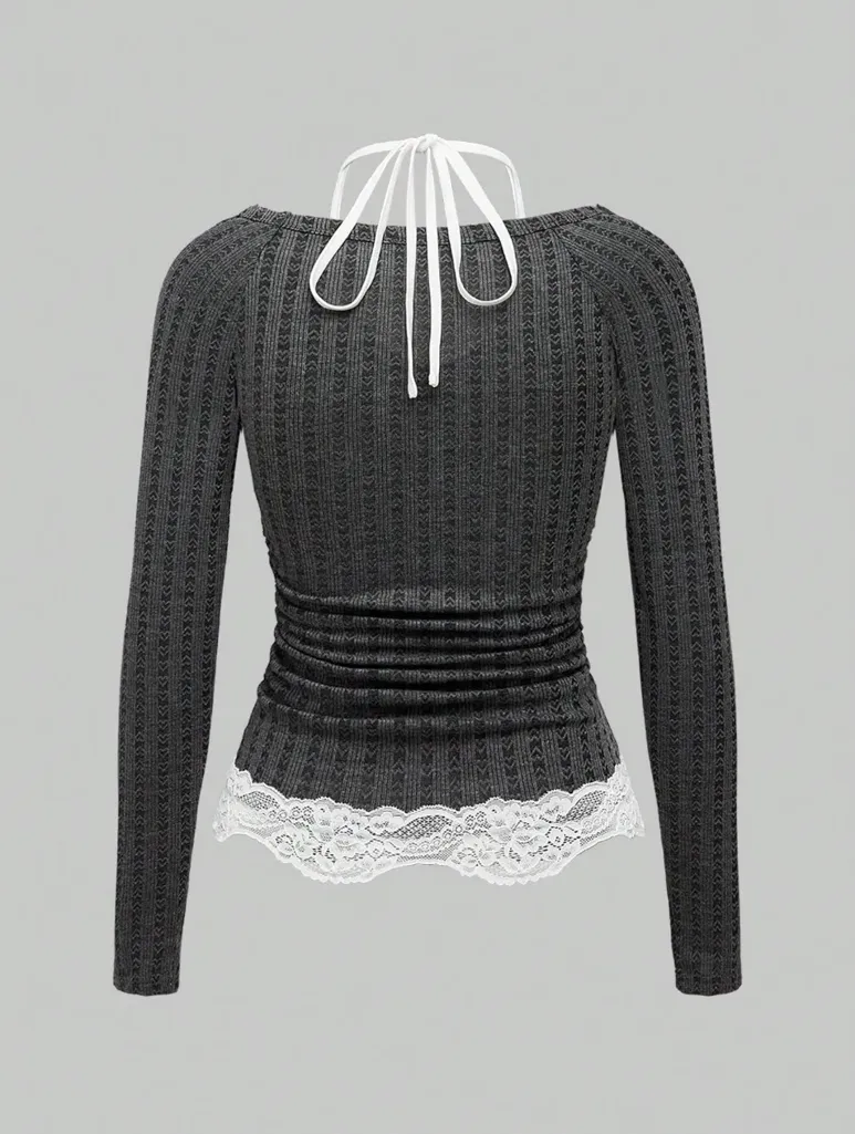 Charcoal Grey Lace Halter Top - NEWME