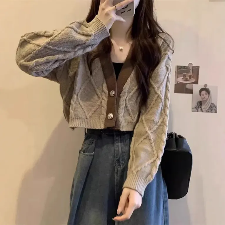 Khaki Colorblock Cropped Cardigan - Image 1