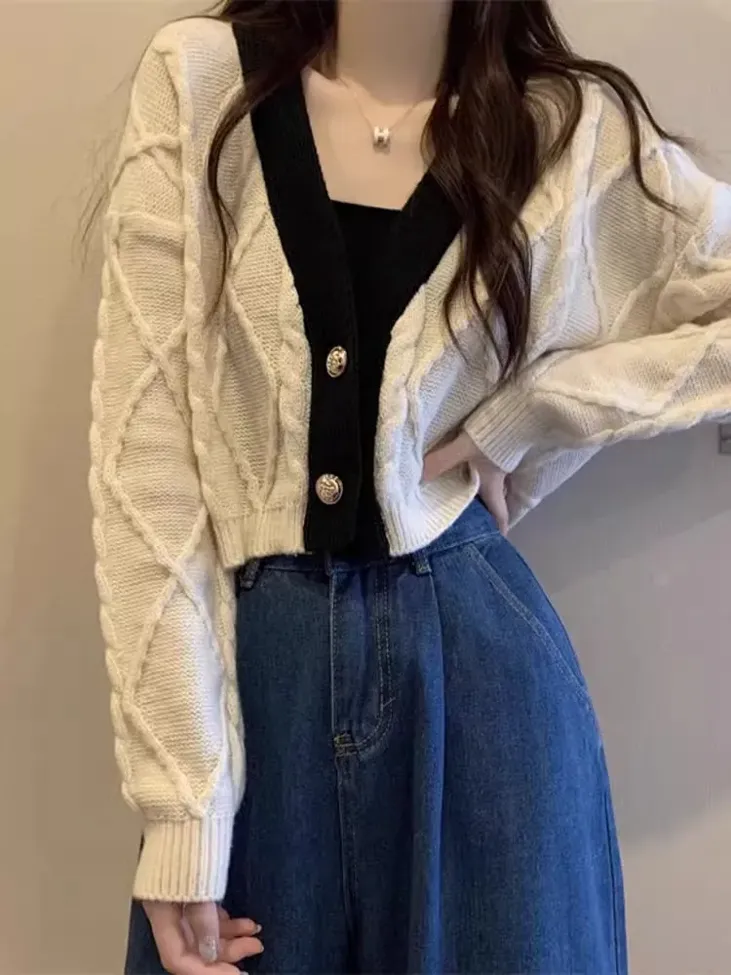White Colorblock Cropped Cardigan - Image 1