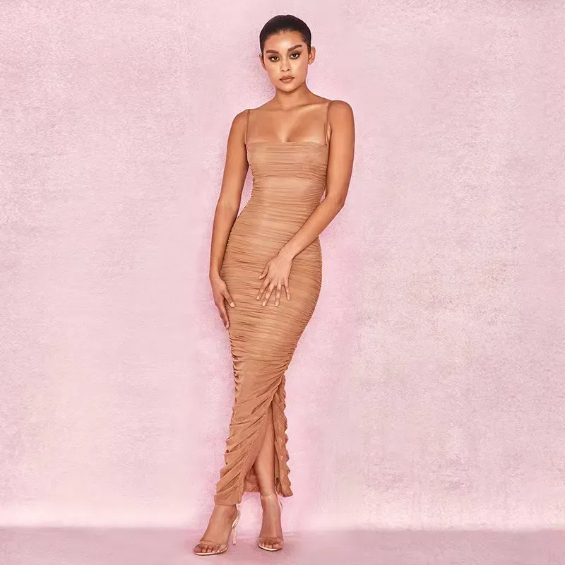 Nude Ruched Maxi Dress - NEWME