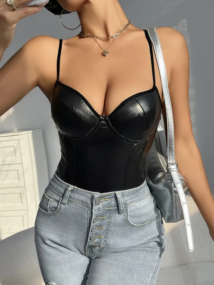 Black Pu Leather Bodysuit - Image 1