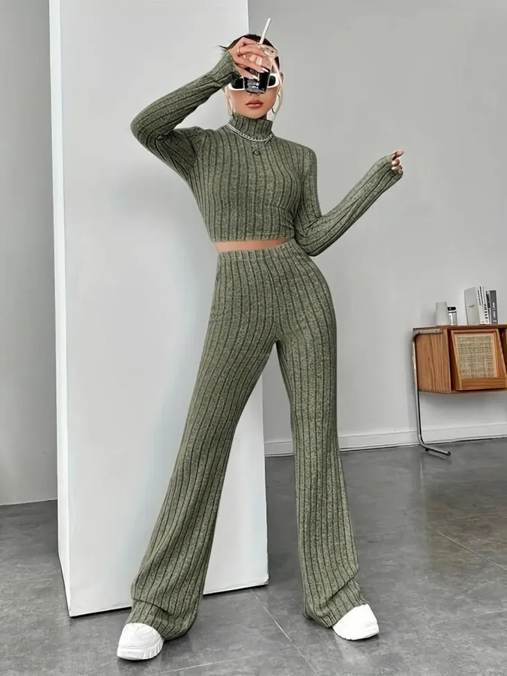 Olive Ribbed High Neck Co Ord Set - Image 1