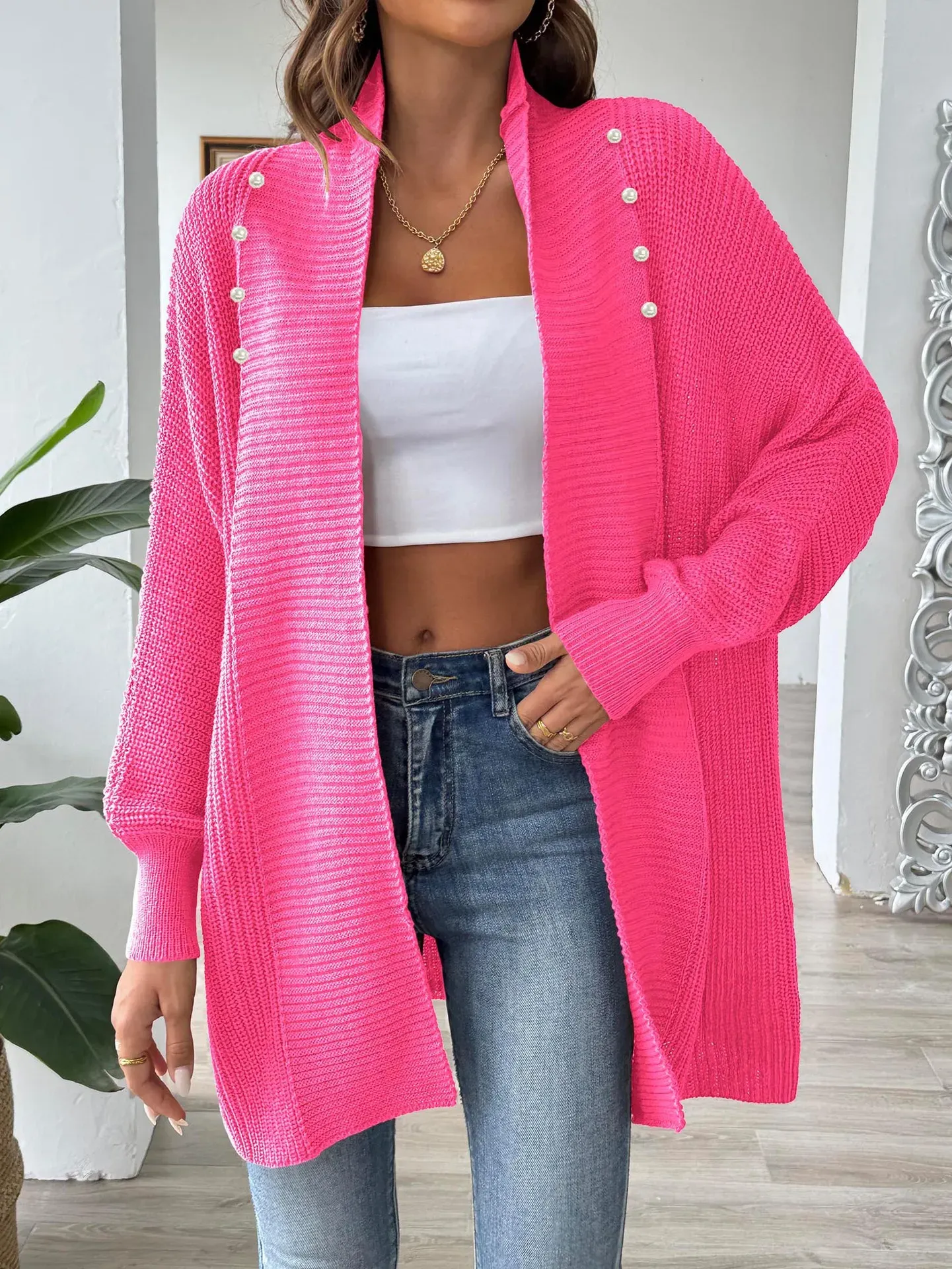 Pink Pearl Detail Solid Cardigan - NEWME