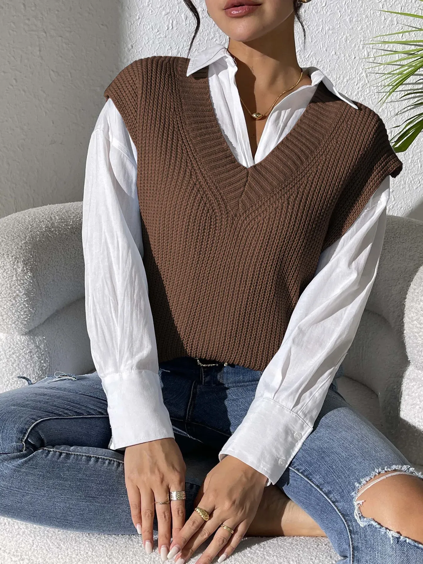 Brown Solid Vest Sweater - NEWME
